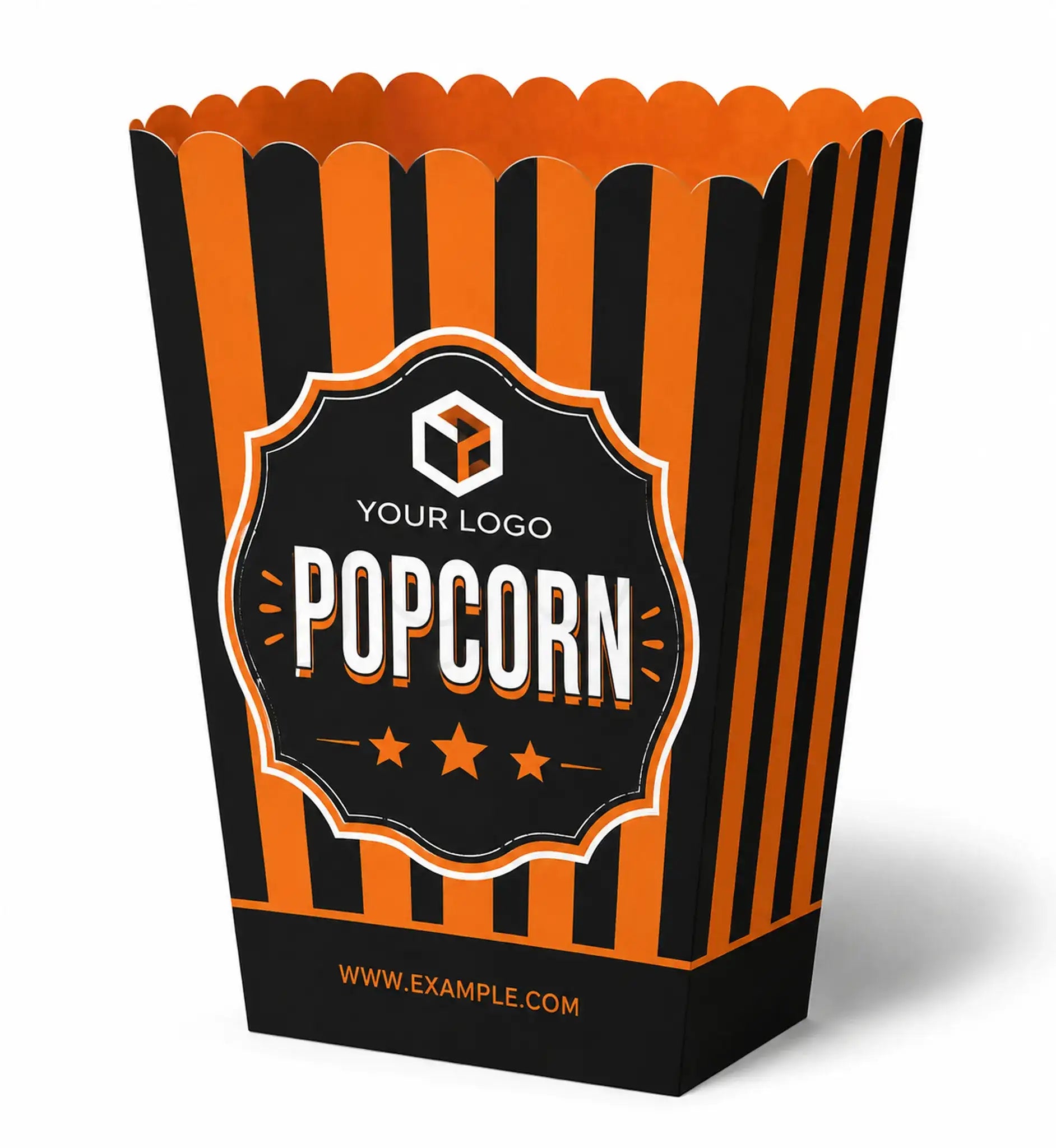 A scalloped popcorn box with bold orange and black vertical stripes, featuring a central black label with the word 'POPCORN' and placeholder branding text.