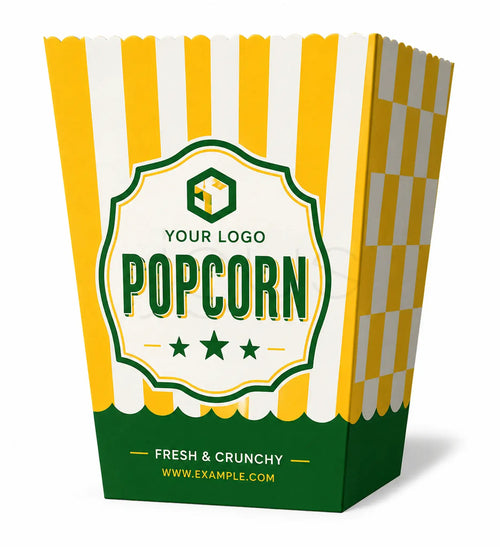 A yellow and white striped popcorn bucket with a green and white checkered side panel and a central label that reads 'YOUR LOGO POPCORN' and 'FRESH & CRUNCHY' on a white background.