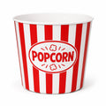 A red and white striped popcorn bucket with a white oval label in the center that reads 'POPCORN' in red letters, shown on a clean white background.