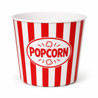 A red and white striped popcorn bucket with a white oval label in the center that reads 'POPCORN' in red letters, shown on a clean white background.