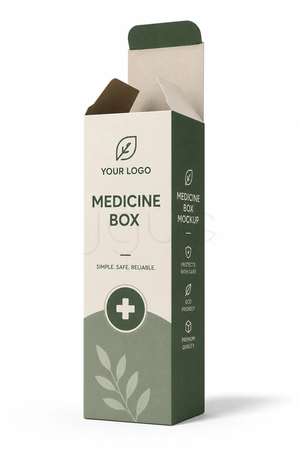 A tall medicine box packaging mockup with a cream and sage green color scheme, featuring placeholder text and a medical cross icon, shown on a clean white background.