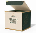 A 3D mockup of a square cardboard cosmetics jar box with a hinged lid, featuring a cream-colored front panel, a dark green side panel with a leaf illustration, and gold trim. The text 'YOUR LOGO' and 'COSMETICS JAR BOX MOCKUP' is printed on the front.