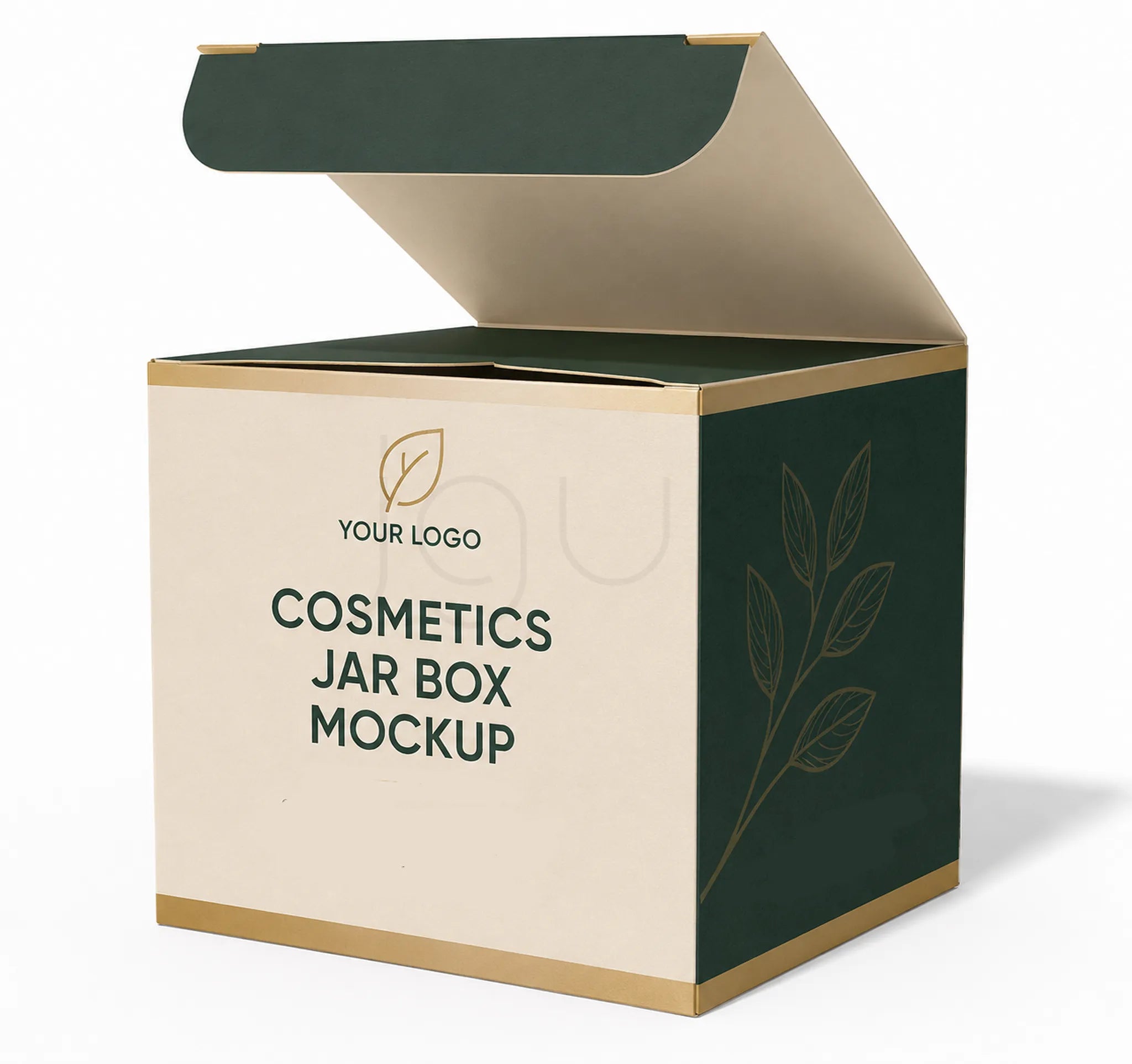 A 3D mockup of a square cardboard cosmetics jar box with a hinged lid, featuring a cream-colored front panel, a dark green side panel with a leaf illustration, and gold trim. The text 'YOUR LOGO' and 'COSMETICS JAR BOX MOCKUP' is printed on the front.