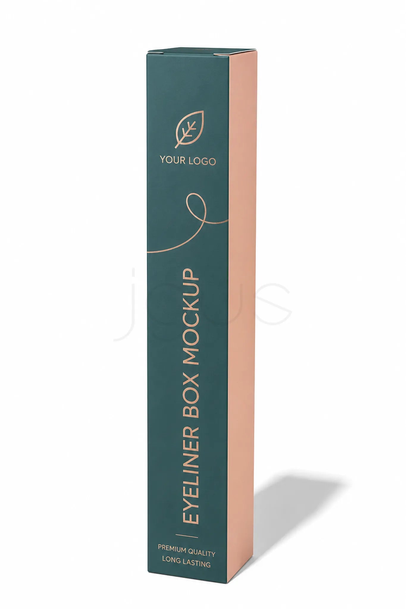 A tall rectangular eyeliners box mockup shown upright on a white background. The box is dark teal green on the front with gold text reading 'EYELINER BOX MOCKUP' and a small leaf logo with 'YOUR LOGO,' while the side panel is a soft peach-pink.
