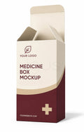 A medicine box mockup template shown open on a white background, featuring a cream and dark red design with placeholder text and a medical cross icon.