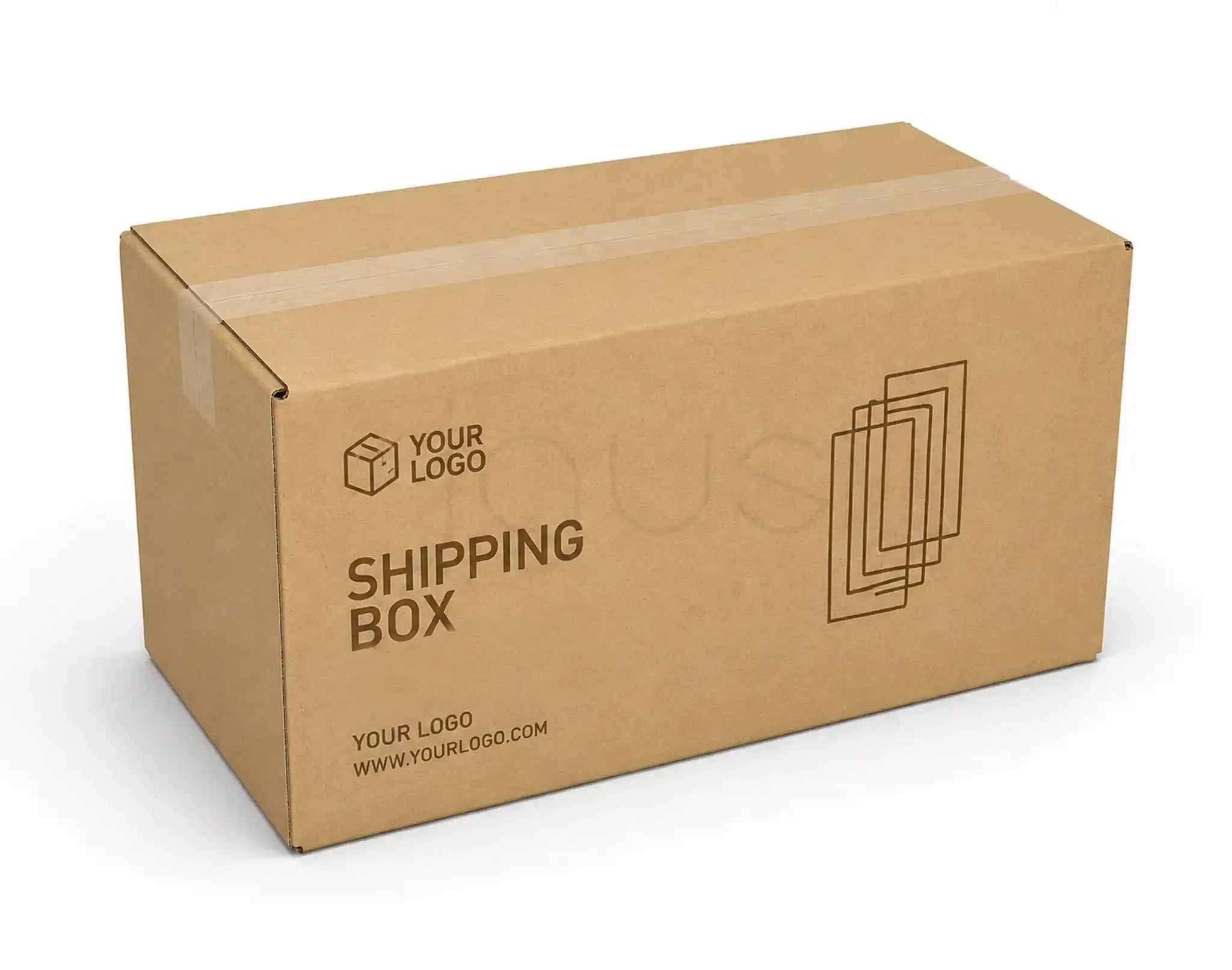 A brown kraft cardboard shipping box with printed placeholder text and logo graphics, shown on a clean white background.