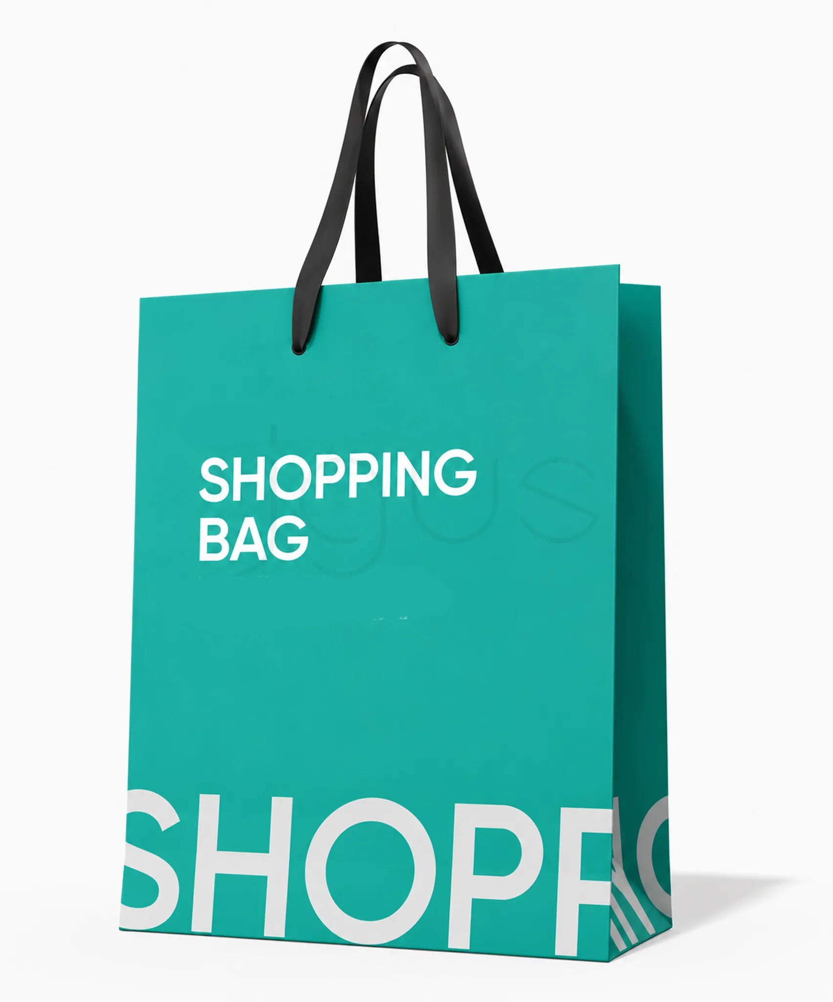 A teal shopping bag with black handles and bold white text reading 'SHOPPING BAG' on the front, shown on a clean white background.