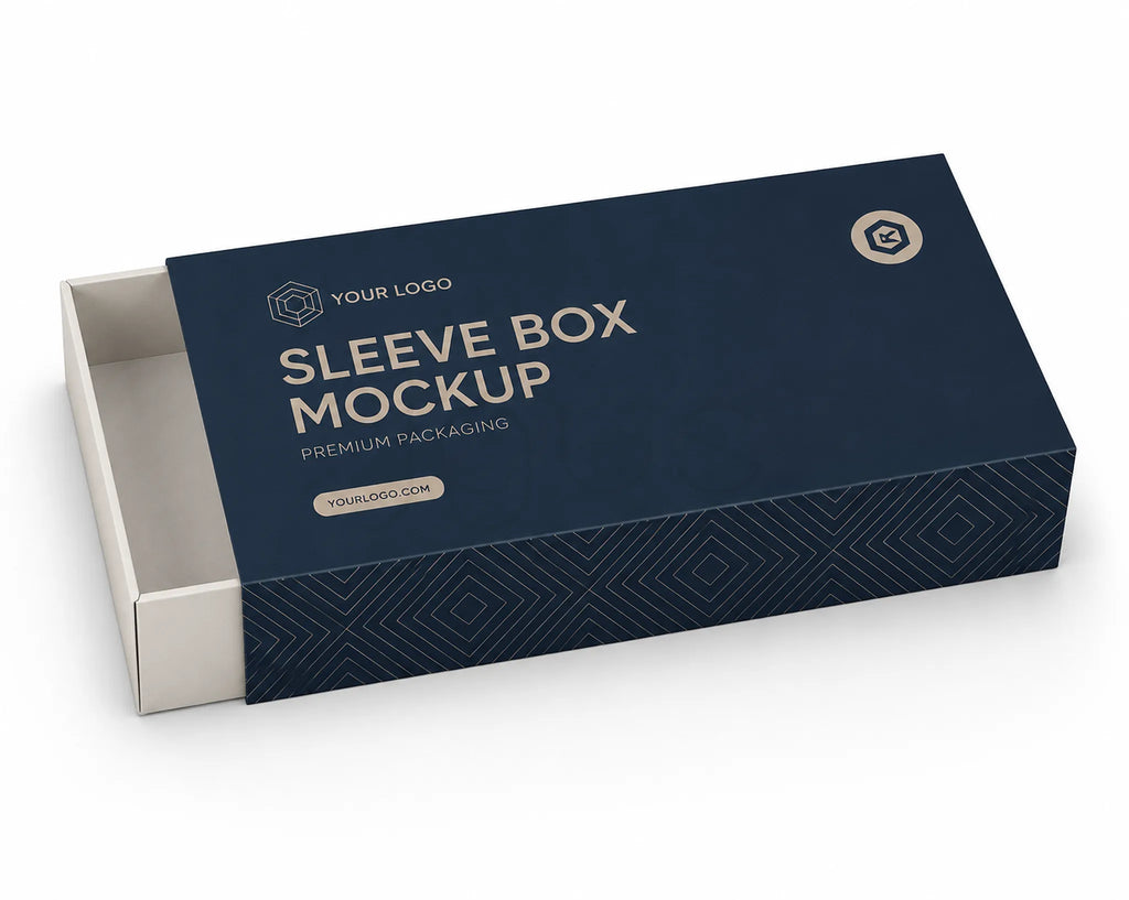 A 3D mockup of a premium sleeve box packaging, featuring a dark navy blue outer sleeve with geometric patterns and a partially opened off-white inner box, shown on a clean white background.