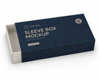 A 3D mockup of a premium sleeve box packaging, featuring a dark navy blue outer sleeve with geometric patterns and a partially opened off-white inner box, shown on a clean white background.