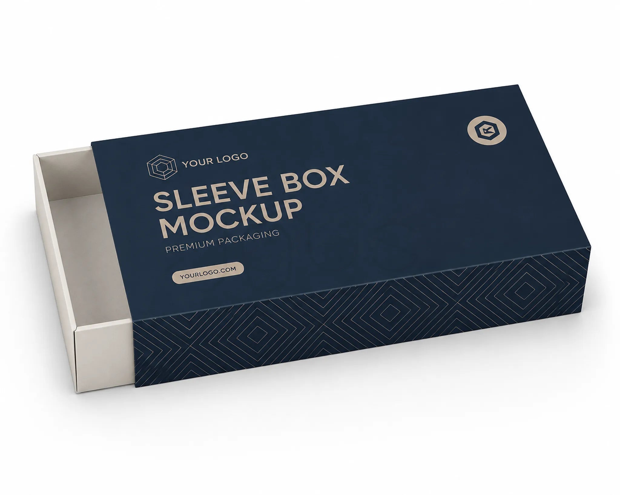 A 3D mockup of a premium sleeve box packaging, featuring a dark navy blue outer sleeve with geometric patterns and a partially opened off-white inner box, shown on a clean white background.