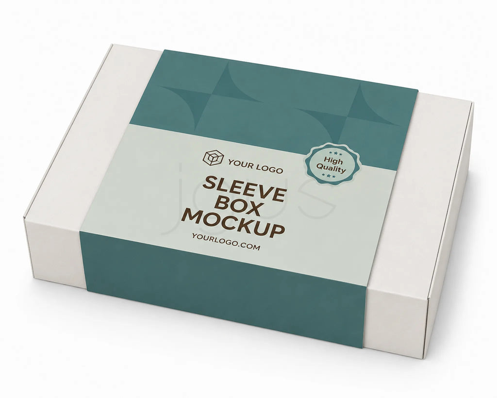 A rectangular sleeve box mockup shown at an angle on a clean white background. The box is white with a teal band around the middle and a matching teal top panel.