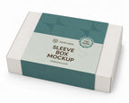 A rectangular sleeve box mockup shown at an angle on a clean white background. The box is white with a teal band around the middle and a matching teal top panel.