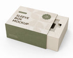 A sleeve box mockup template shown at an angle on a white background. The box features a light beige top with dark brown placeholder text reading 'SLEEVE BOX MOCKUP' and a muted sage green side panel with geometric line patterns.