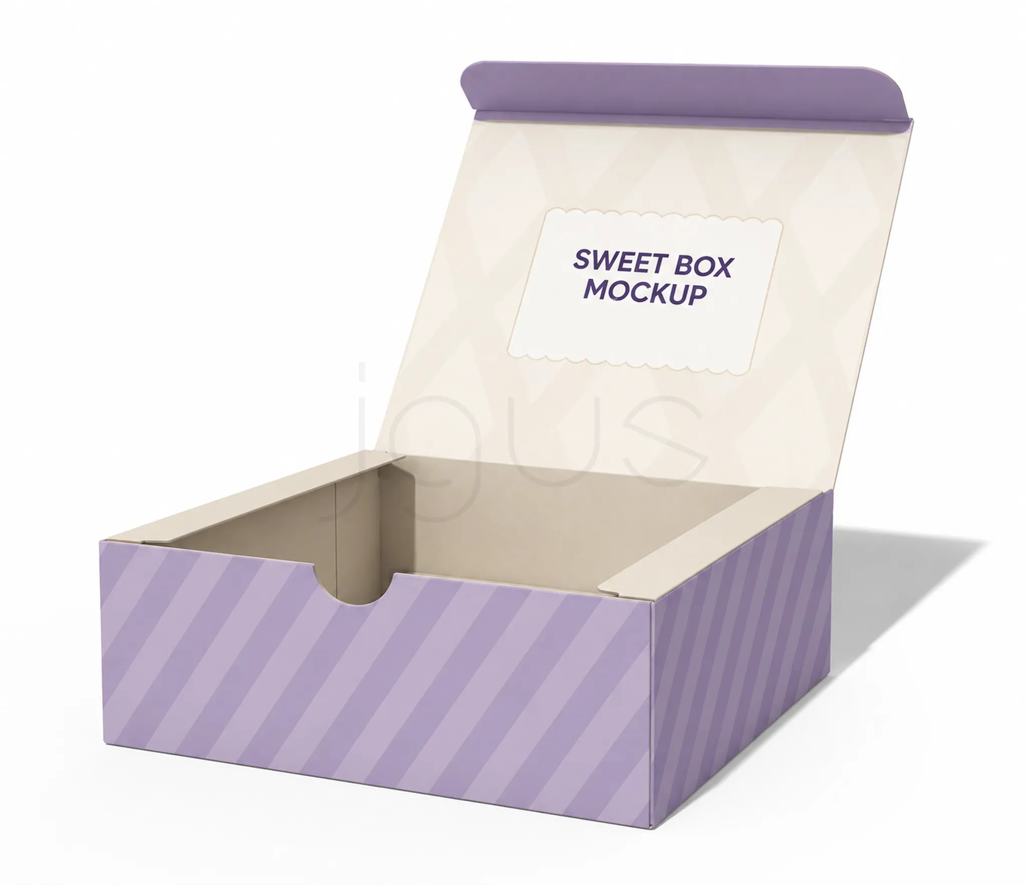 A lavender and white striped cardboard sweet box with an open hinged lid, featuring a white label inside that reads 'SWEET BOX MOCKUP'.