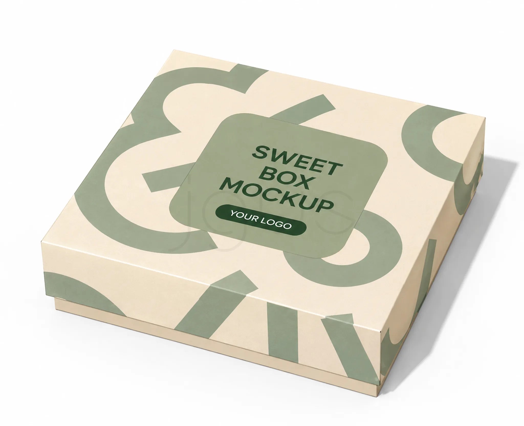 A square product box mockup with a cream and sage green geometric pattern, featuring a central label that reads 'SWEET BOX MOCKUP' and 'YOUR LOGO', shown on a white background.
