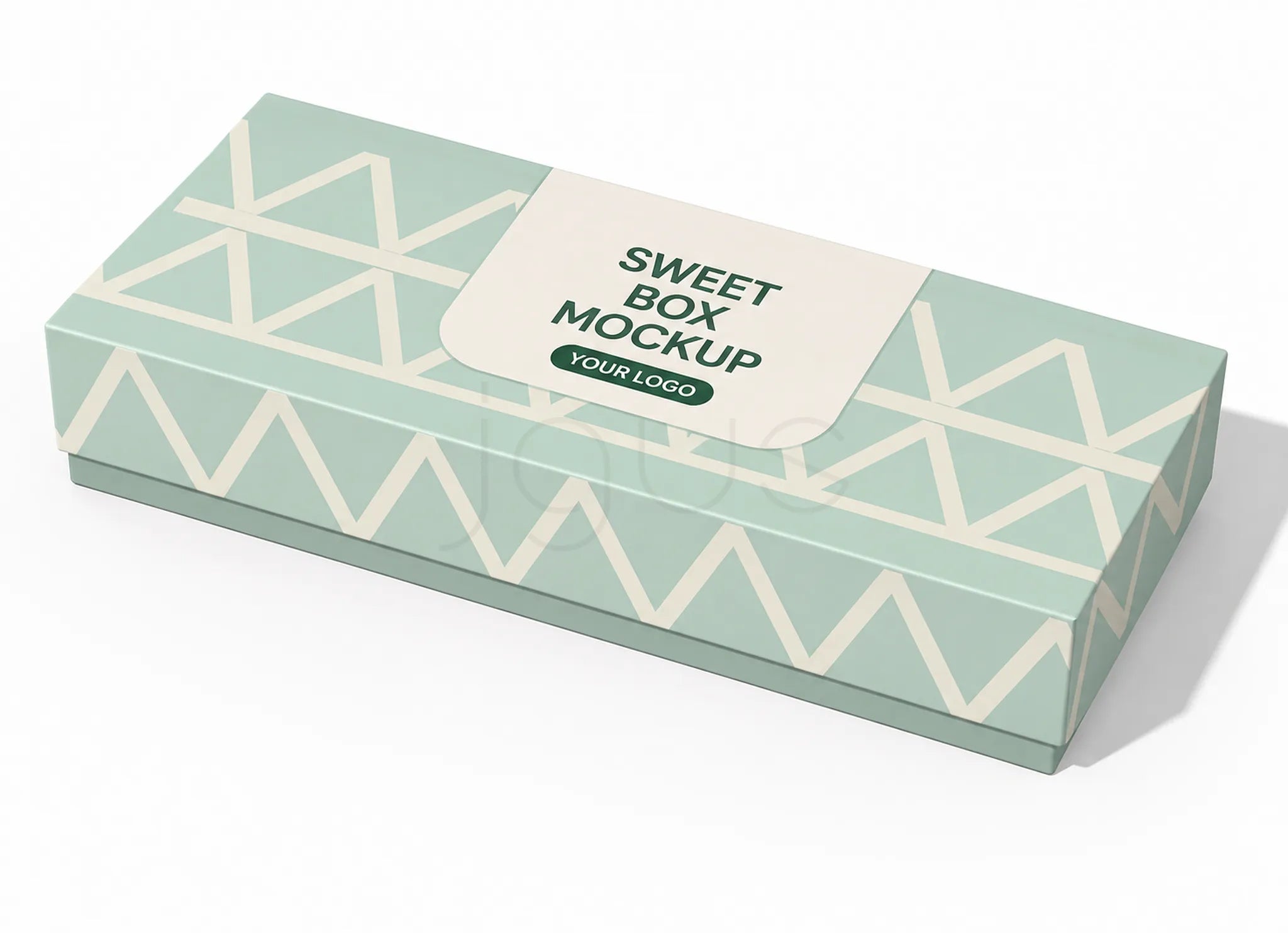 A rectangular gift box mockup with a mint green and cream geometric pattern, featuring a cream label on top that reads 'SWEET BOX MOCKUP' with placeholder text 'YOUR LOGO'.