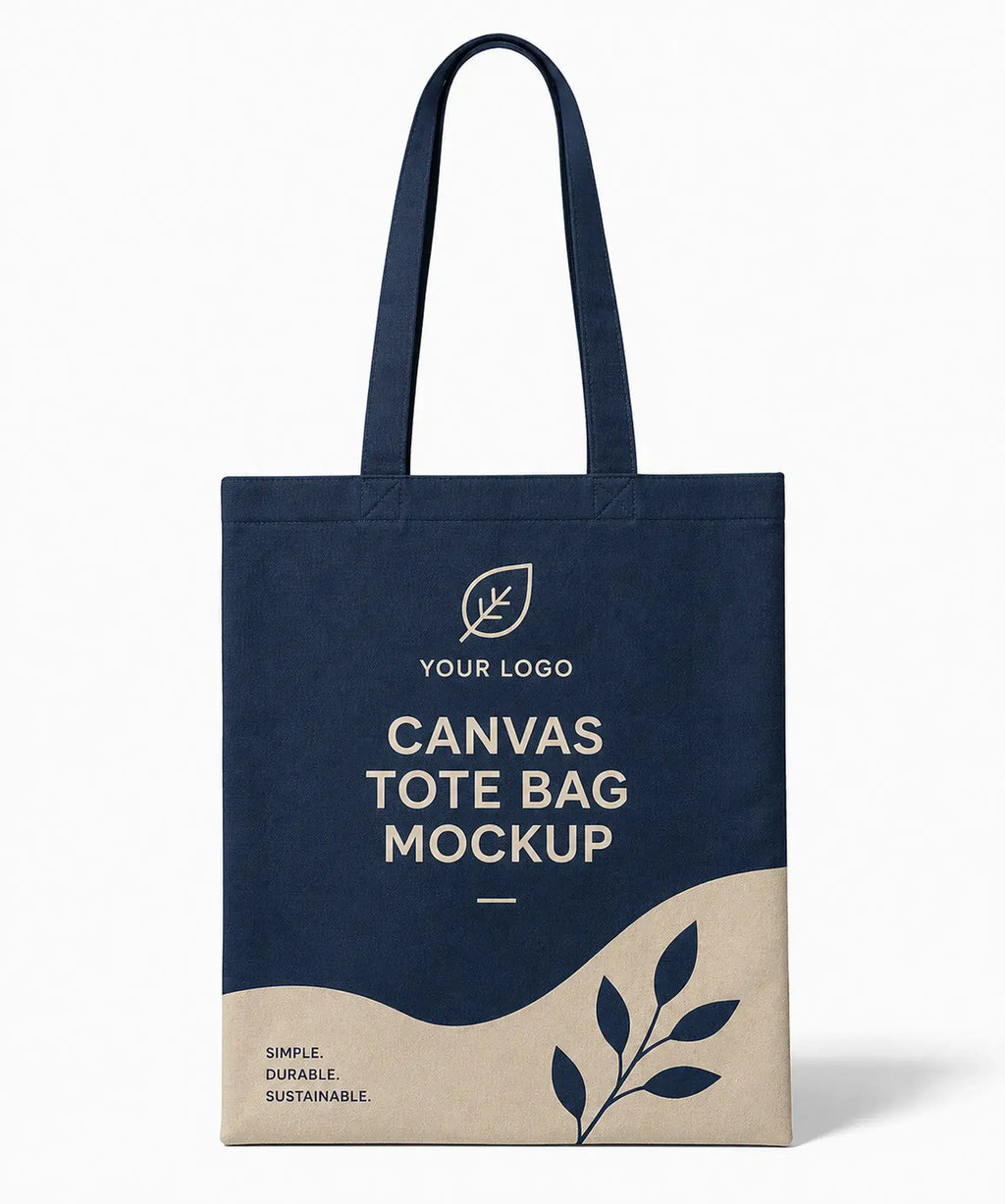 A navy blue canvas tote bag mockup with a beige lower section, featuring placeholder text and a leaf logo on a clean white background.