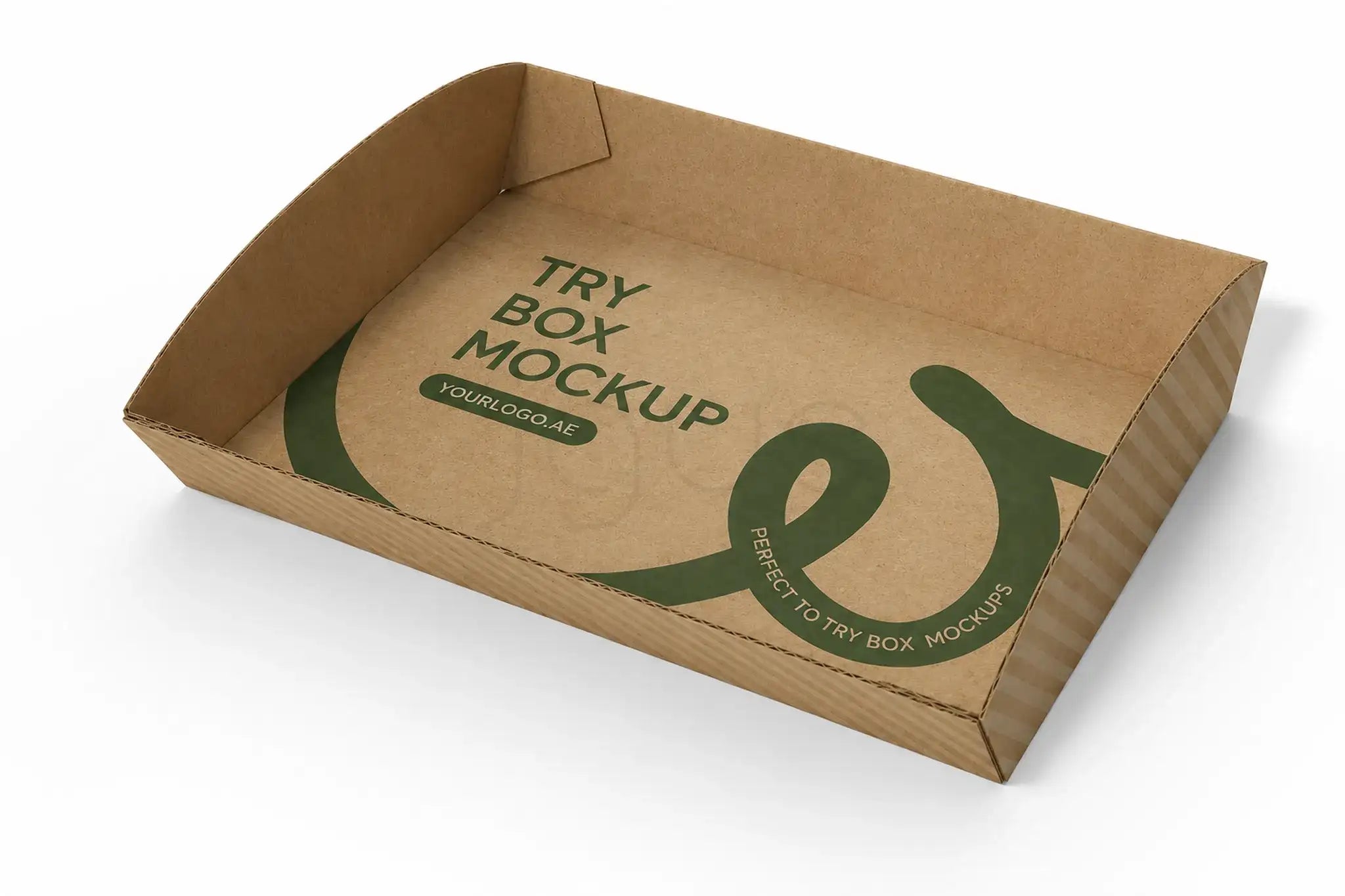 A brown cardboard try box mockup with green printed text and graphics on a clean white background.
