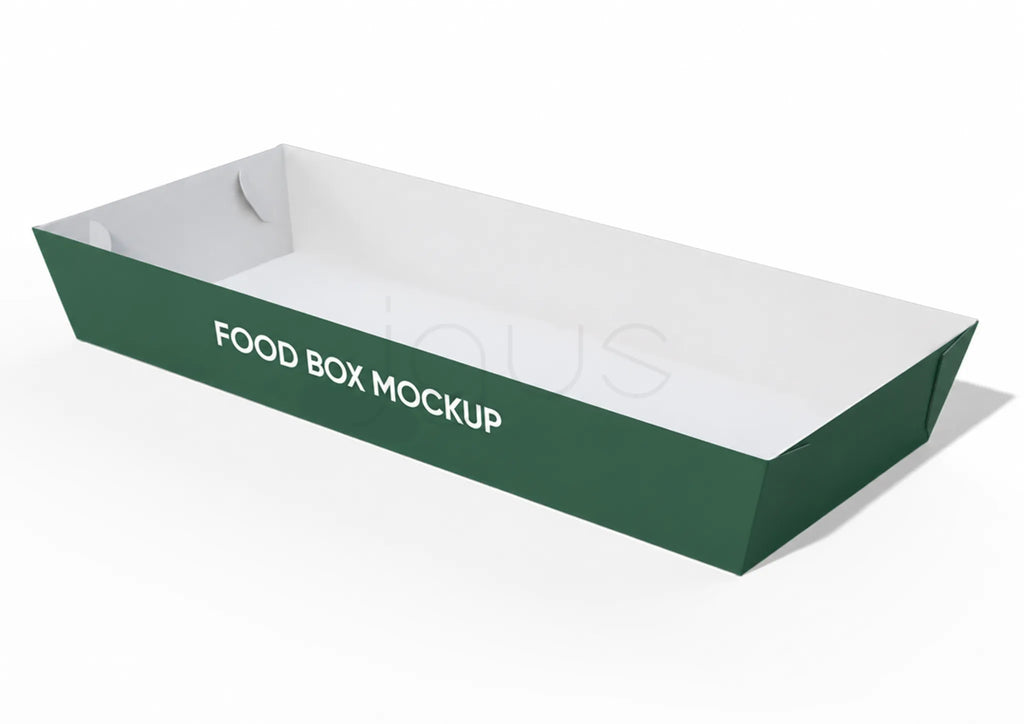 A green and white cardboard food box mockup with the text 'FOOD BOX MOCKUP' printed on the side, shown on a clean white background.
